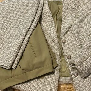 Green and white three piece suit. Jacket, pants, skirt.